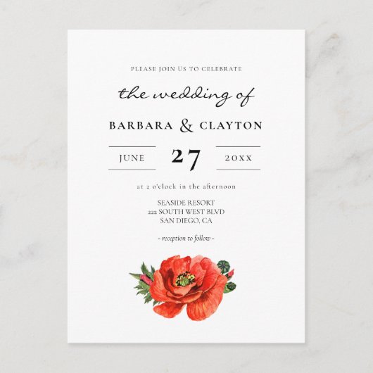 赤いポピーの水色結婚式招待状はがき インビテーションポストカード (正面)