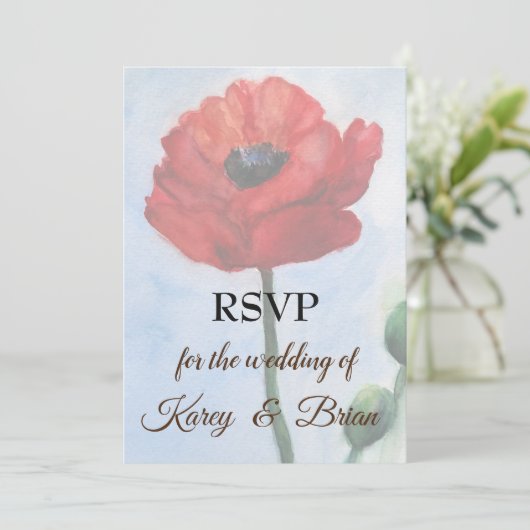 赤いポピーの水色RSVPフォトカード 招待状 (スタンド正面)