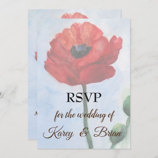 赤いポピーの水色RSVPフォトカード 招待状 (正面/裏面)