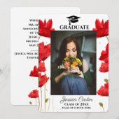 赤いポピーの花のシンプルな卒業おめでとうカード 招待状 (正面/裏面)