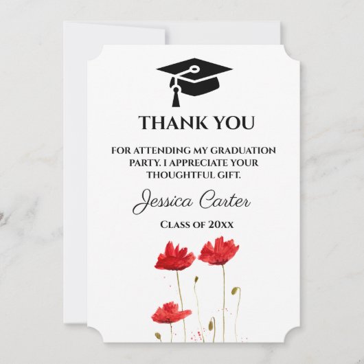 赤いポピーの花の卒業お礼カード 招待状 (正面)