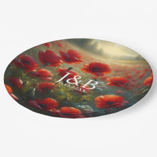 赤いポピーの花の結婚式のカスタマイズ ペーパープレート (アングル)
