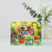 赤いポピーの花の編み人形の妖精 シーズンポストカード (スタンド正面)