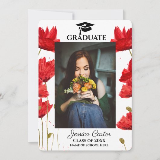 赤いポピーの花をあしらった卒業発表カード（ルースト・スタイル） 招待状 (正面)