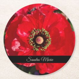 赤いポピーの花をパーソナライズ ラウンドペーパーコースター