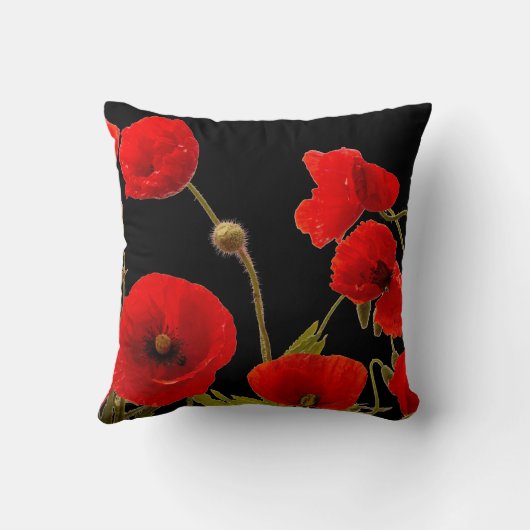 赤いポピーの花カラフルフローラ抽象芸術黒 クッション (裏面)