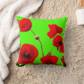 赤いポピーの花カラフル明るいネオングリーンフローラ クッション (ブランケット)