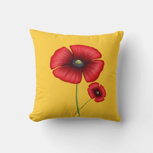 赤いポピーの花ゴールデンイエロー装飾用クッション クッション (正面)