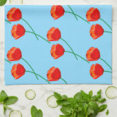 赤いポピーの花ハートスカイブルー キッチンタオル (折り畳み)