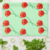 赤いポピーの花ハート淡い色の緑 キッチンタオル (折り畳み)