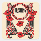 赤いポピーの花バタフライ抽象芸術夢 スクエアシール (正面)