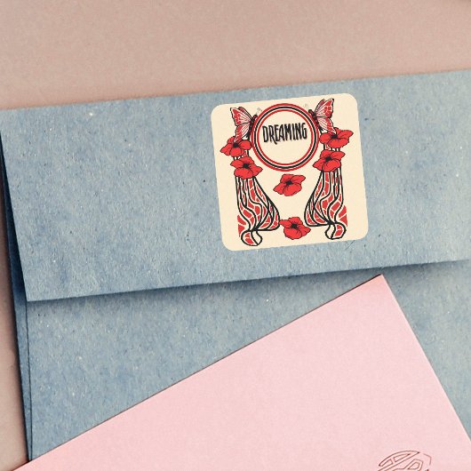 赤いポピーの花バタフライ抽象芸術夢 スクエアシール