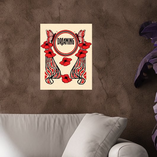 赤いポピーの花バタフライ抽象芸術夢 ポスター