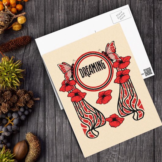 赤いポピーの花バタフライ抽象芸術夢 ポストカード