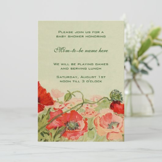 赤いポピーの花フローラ牧草地ベビーシャワー 招待状 (スタンド正面)