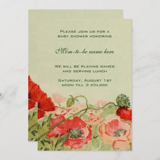赤いポピーの花フローラ牧草地ベビーシャワー 招待状 (正面/裏面)
