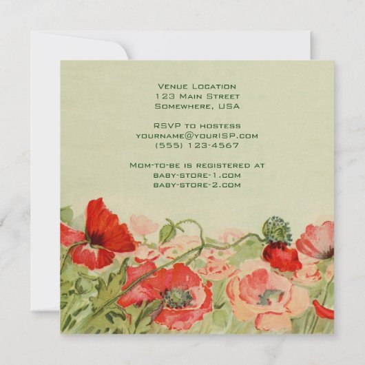 赤いポピーの花フローラ牧草地ベビーシャワー 招待状 (裏面)