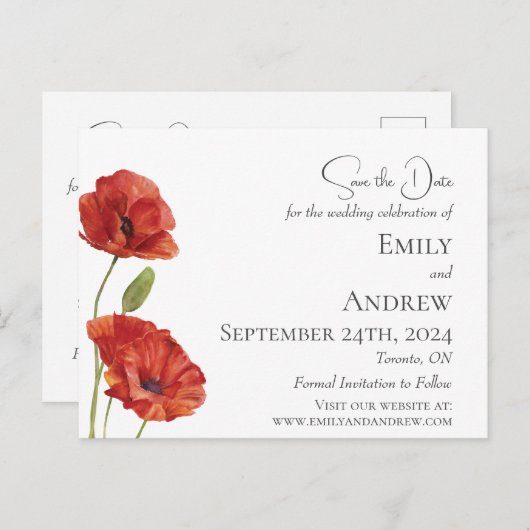 赤いポピーの花ミニマリストの水の色結婚の インビテーションポストカード (正面/裏面)