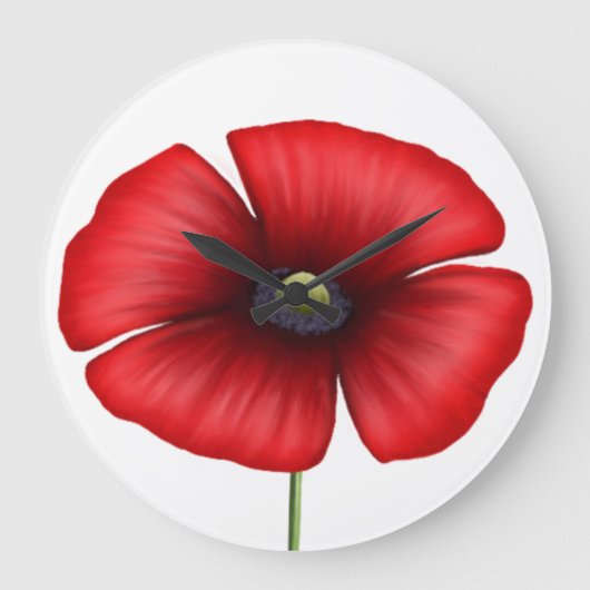 赤いポピーの花モダンフローラ丸い壁時計 ラージ壁時計 (正面)