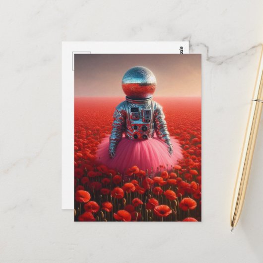 赤いポピーの花畑にいるディスコ宇宙飛行士 ポストカード (正面/裏面インサイチュ)