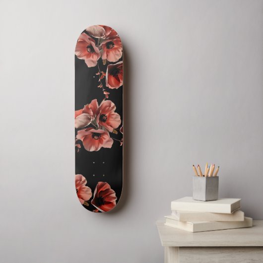 赤いポピーの花 黒 スケートボード (ウォールアート)