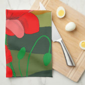 赤いポピーの草地（日の入り） キッチンタオル (四つ折り)