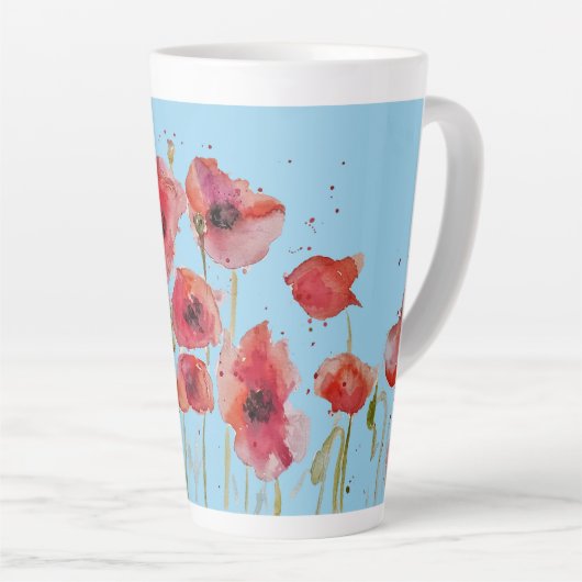 赤いポピーの青い水の色ポピーのアートマグ カフェラテマグ (右アングル)