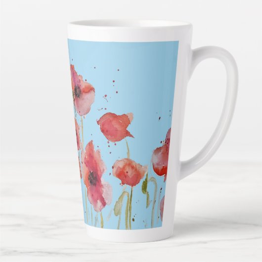 赤いポピーの青い水の色ポピーのアートマグ カフェラテマグ (右)