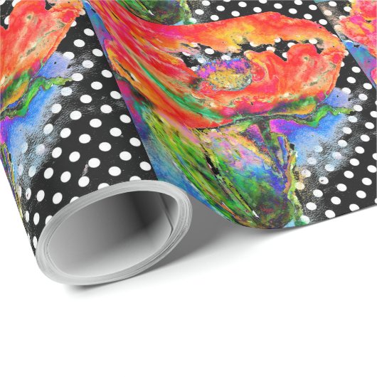 赤いポピーの黒と白の水玉模様 ラッピングペーパー (ロールコーナー)