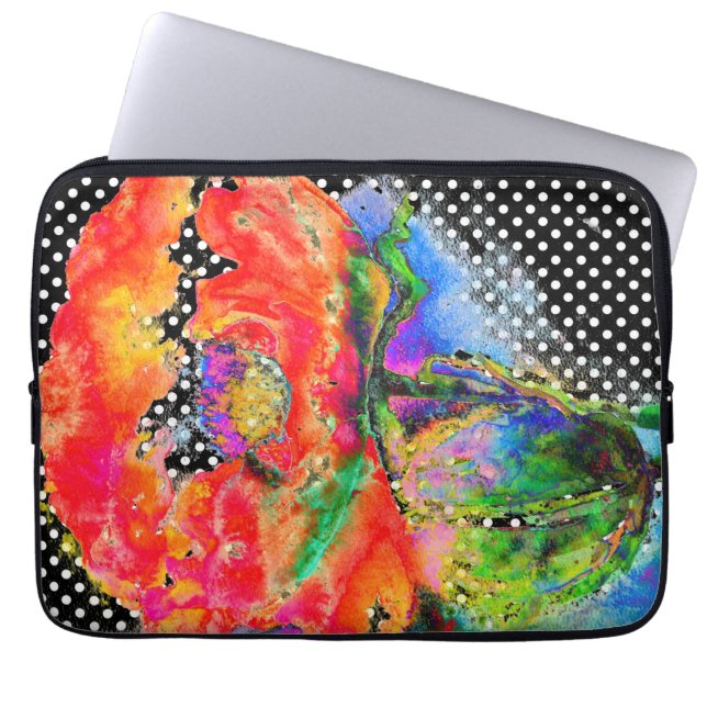 赤いポピーの黒と白の水玉模様 ラップトップスリーブ (正面)