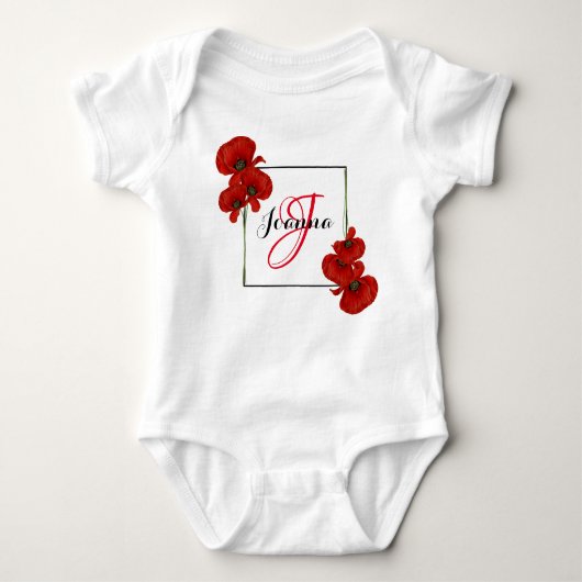 赤いポピーフレームパーソナライズされた ベビーボディスーツ (正面)