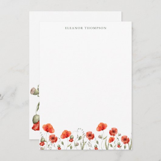 赤いポピーフローラパーソナライズされた名ひな形 ノートカード (正面/裏面)