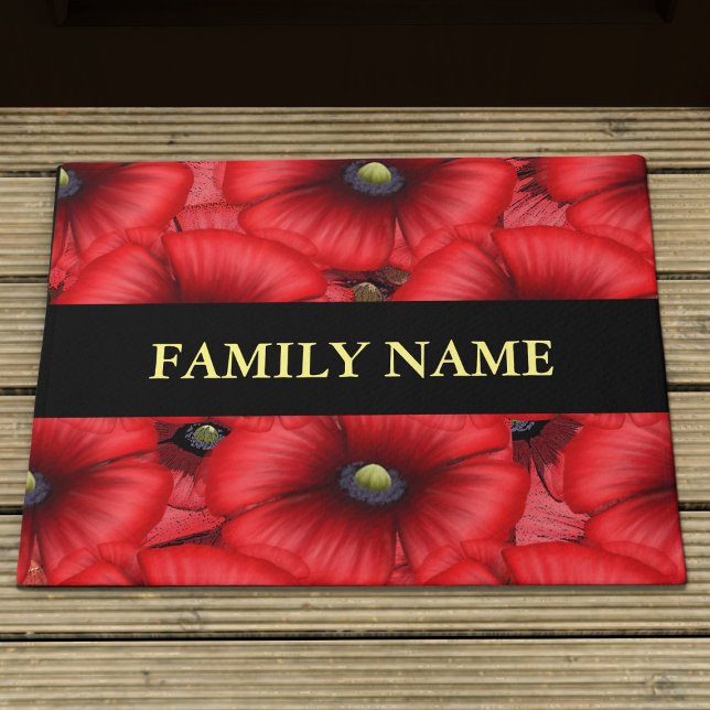 赤いポピーフローラファミリ名の形式 ドアマット (Add your family name and pop this pretty poppy doormat at your front door)