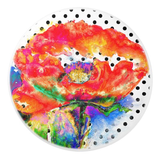 赤いポピーフローラ水色水玉模様アクセント セラミックノブ (正面)