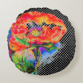 赤いポピーフローラ水色水玉模様アクセント ラウンドクッション (正面)