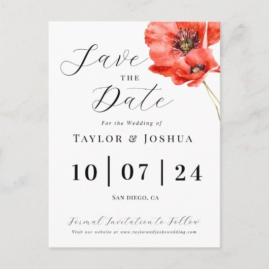 赤いポピーモダンウェディング日付はがきを保存 ポストカード (正面)