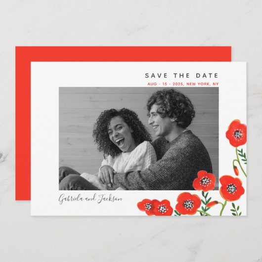 赤いポピーモダンズフローラ結婚式の日付を保存 セーブザデート (正面/裏面)