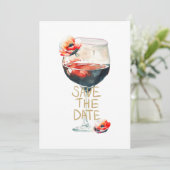 赤いポピー付きのSave The Date ワイングラス 招待状 (スタンド正面)