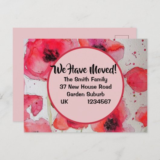 赤いポピー新しい住所はがき、移動している ポストカード (正面/裏面)
