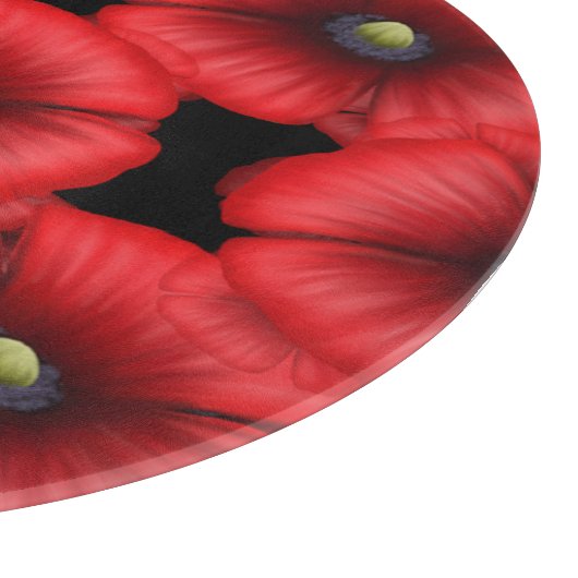 赤いポピー柄の丸い黒いガラス切り板 カッティングボード (角)