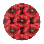 赤いポピー柄の丸い黒いガラス切り板 カッティングボード (正面)