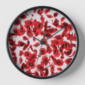 赤いポピー模様のピンクの壁掛け時計 スクエア壁時計 (正面)