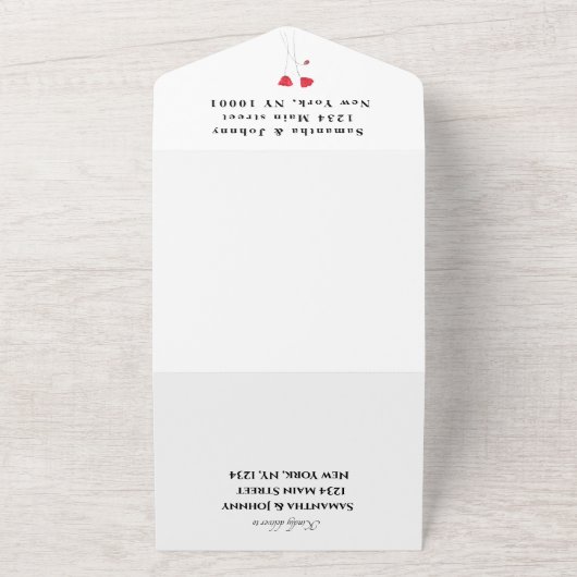 赤いポピー水の色のスクリプトエレガントな結婚式すべて オールインワン招待状 (外側)