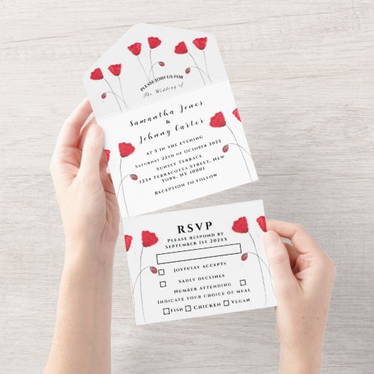 赤いポピー水の色のスクリプトエレガントな結婚式すべて オールインワン招待状 (貼ってはがせる)