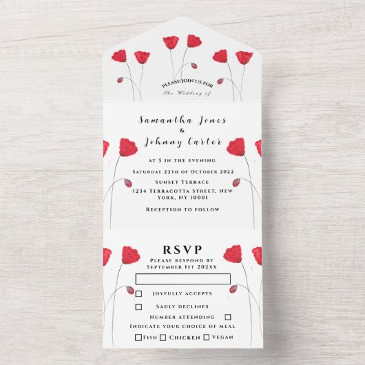 赤いポピー水の色のスクリプトエレガントな結婚式すべて オールインワン招待状 (内側)