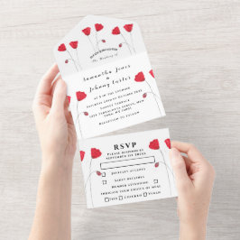 赤いポピー水の色のスクリプトエレガントな結婚式すべて オールインワン招待状