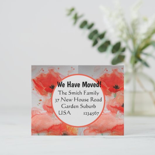 赤いポピー水彩新しい住所はがき移動 ポストカード (スタンド正面)
