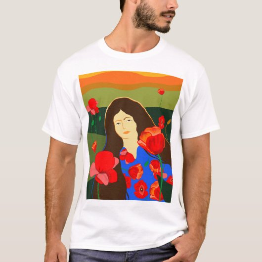 赤いポピー畑の長い髪の女性歩く Tシャツ (正面)