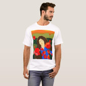 赤いポピー畑の長い髪の女性歩く Tシャツ (正面フル)