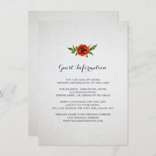 赤いポピー結婚の挿入カード エンクロージャーカード (正面/裏面)